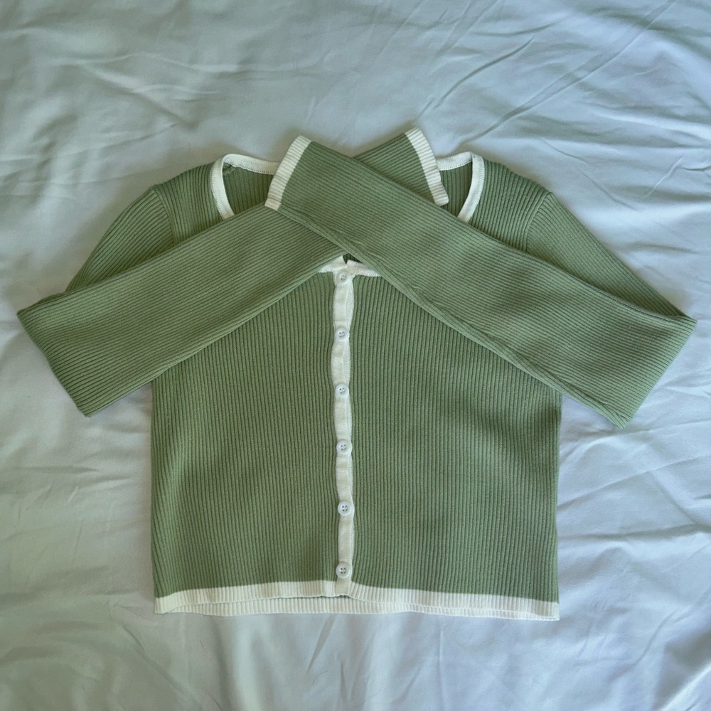Sage Green Ribbed Cardigan with White Trim